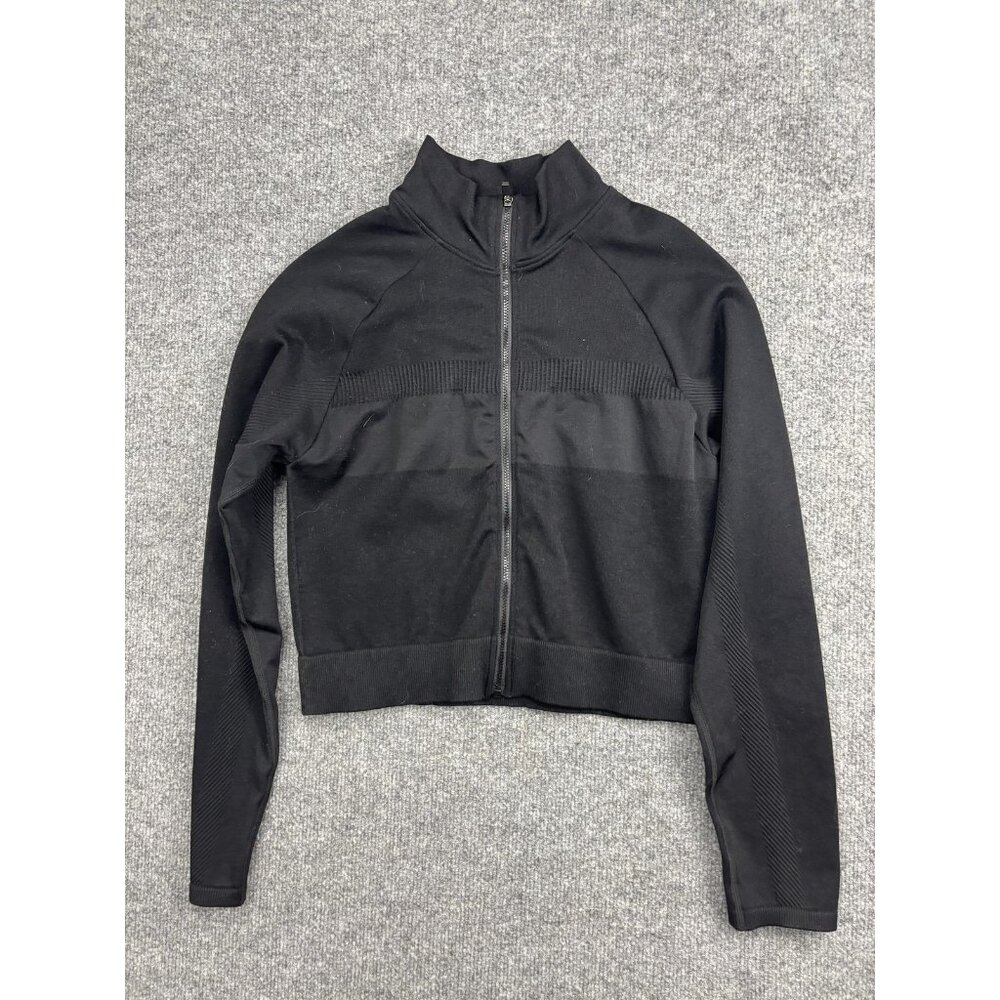 Fabletics Track Jacket Womens Small Black Cropped Full Zip Knit Athletic Running